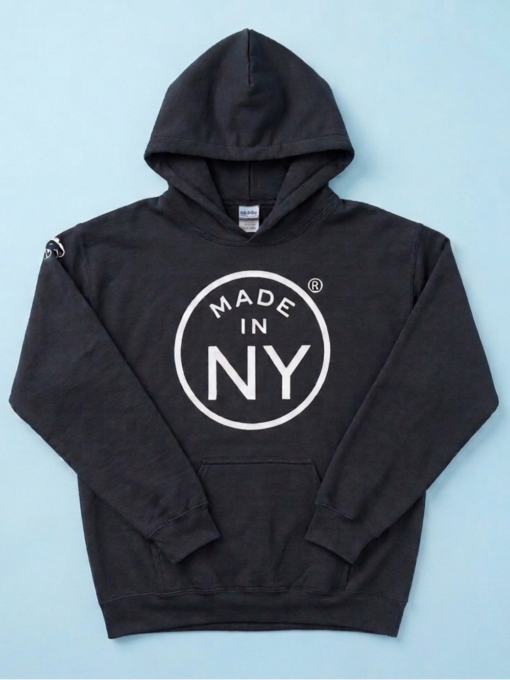 Gildan Black Hoodie with White "Made in NY" Graphic